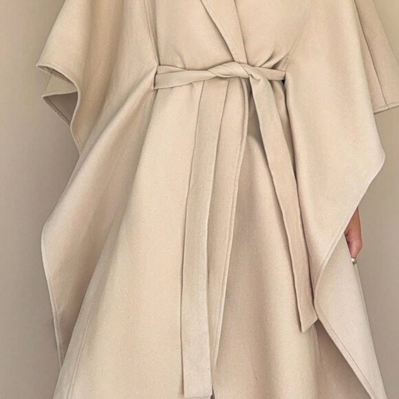 Khaki Elegant Women's Lapel Neck Knotted Waist Fringe Hem Overcoat - Picture 5 of 5